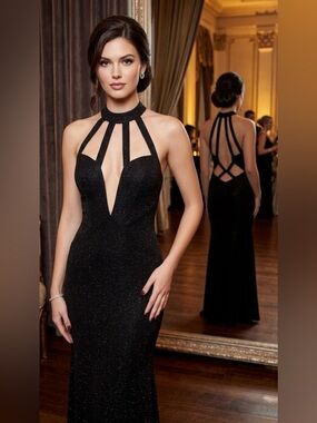 JVN JOVANI Woman Black Maxi Dress Gown Size 10 Formal Wedding Bridesmaid Cutout